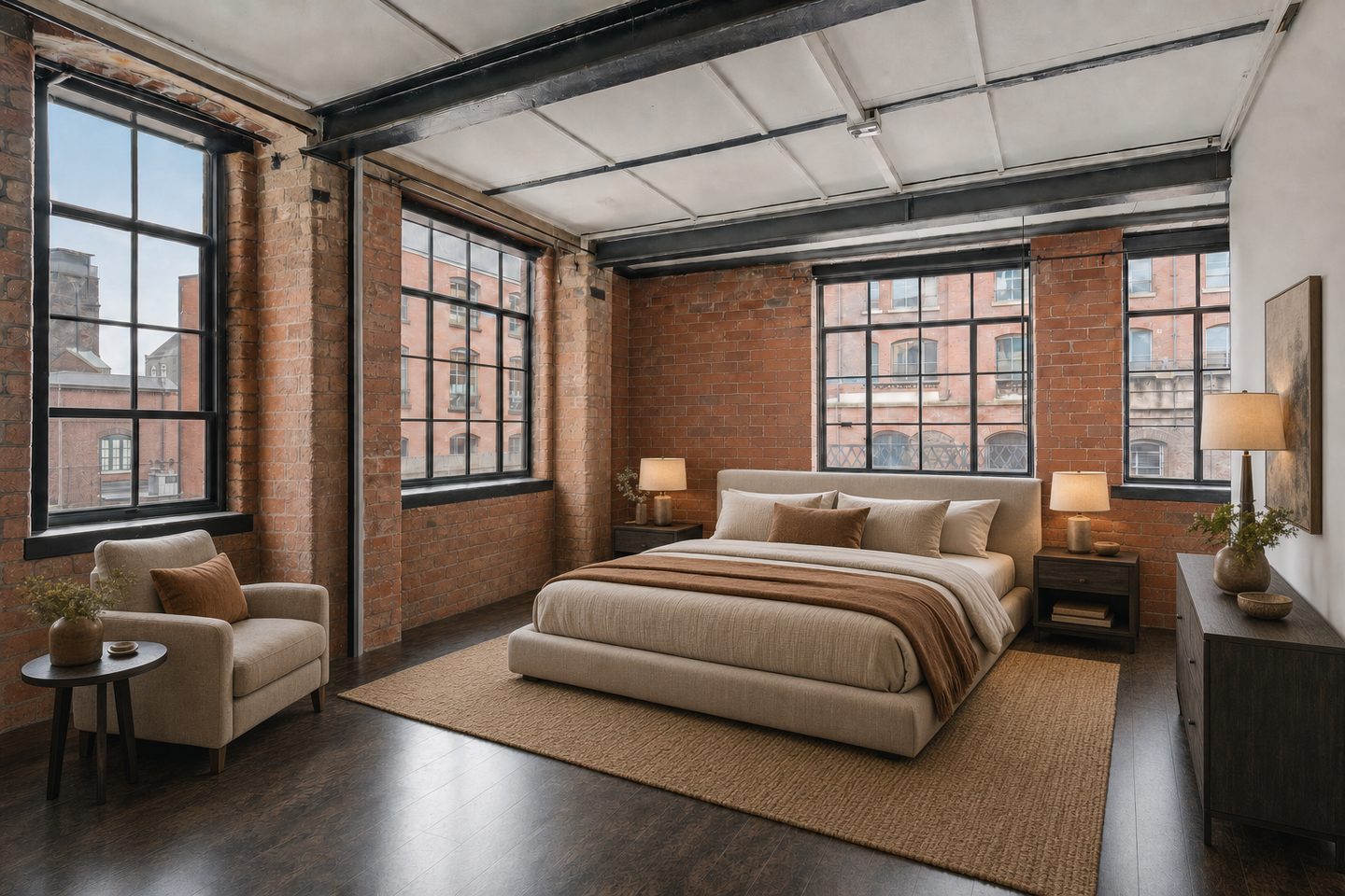 Warehouse conversion bedroom, Jewellery Quarter — Staged