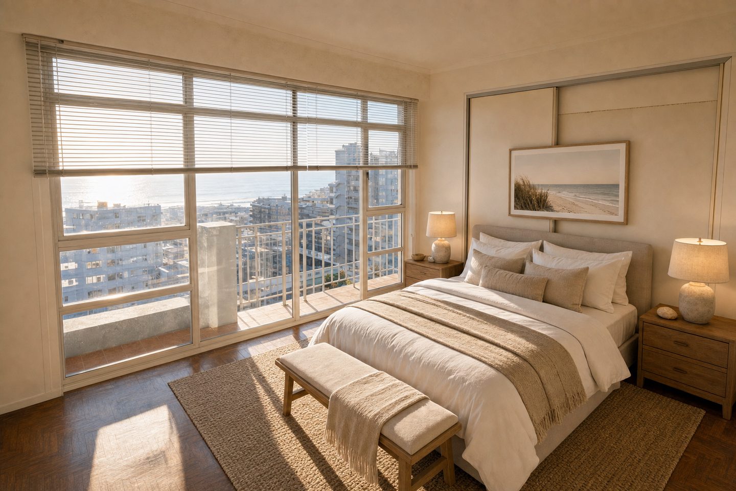 Sectional-title flat bedroom, Sea Point — Staged