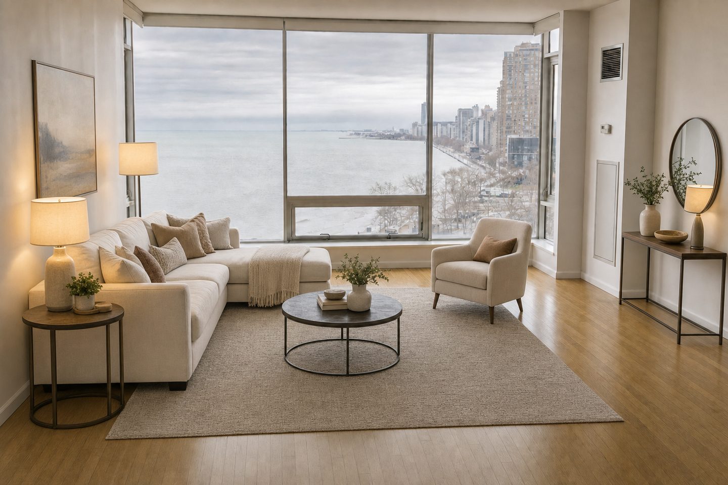 Lakefront condo living room, Lakeview — Staged