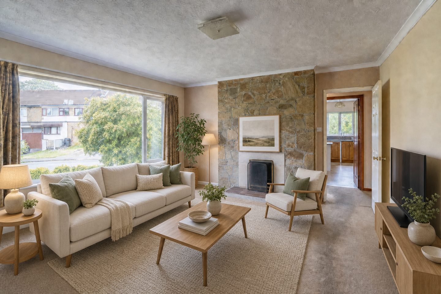 1970s semi living room, Douglas — Staged