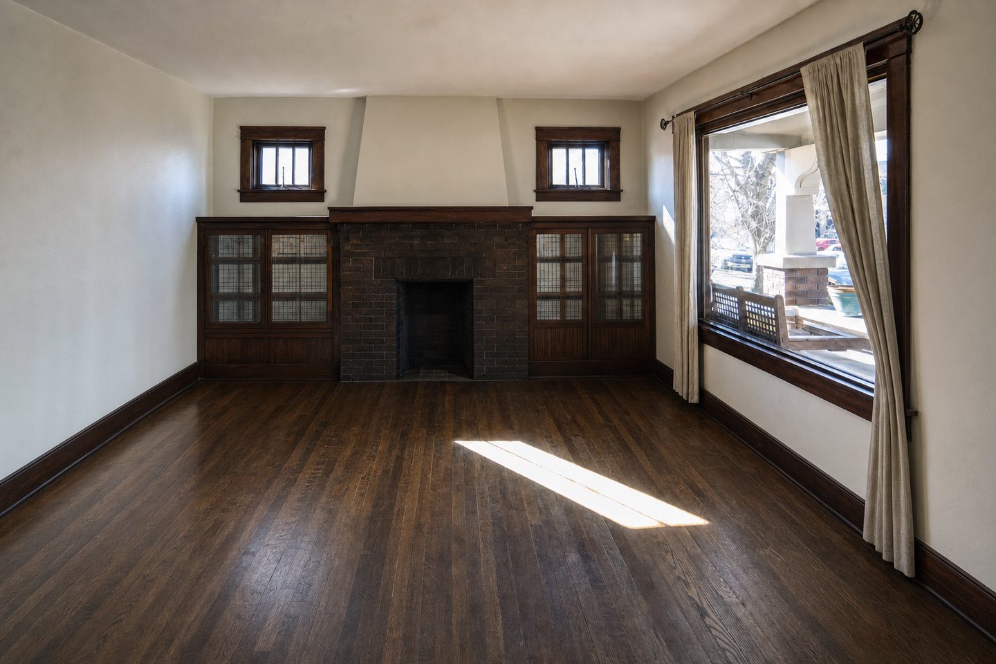 Brick bungalow living room, Wash Park — Decluttered