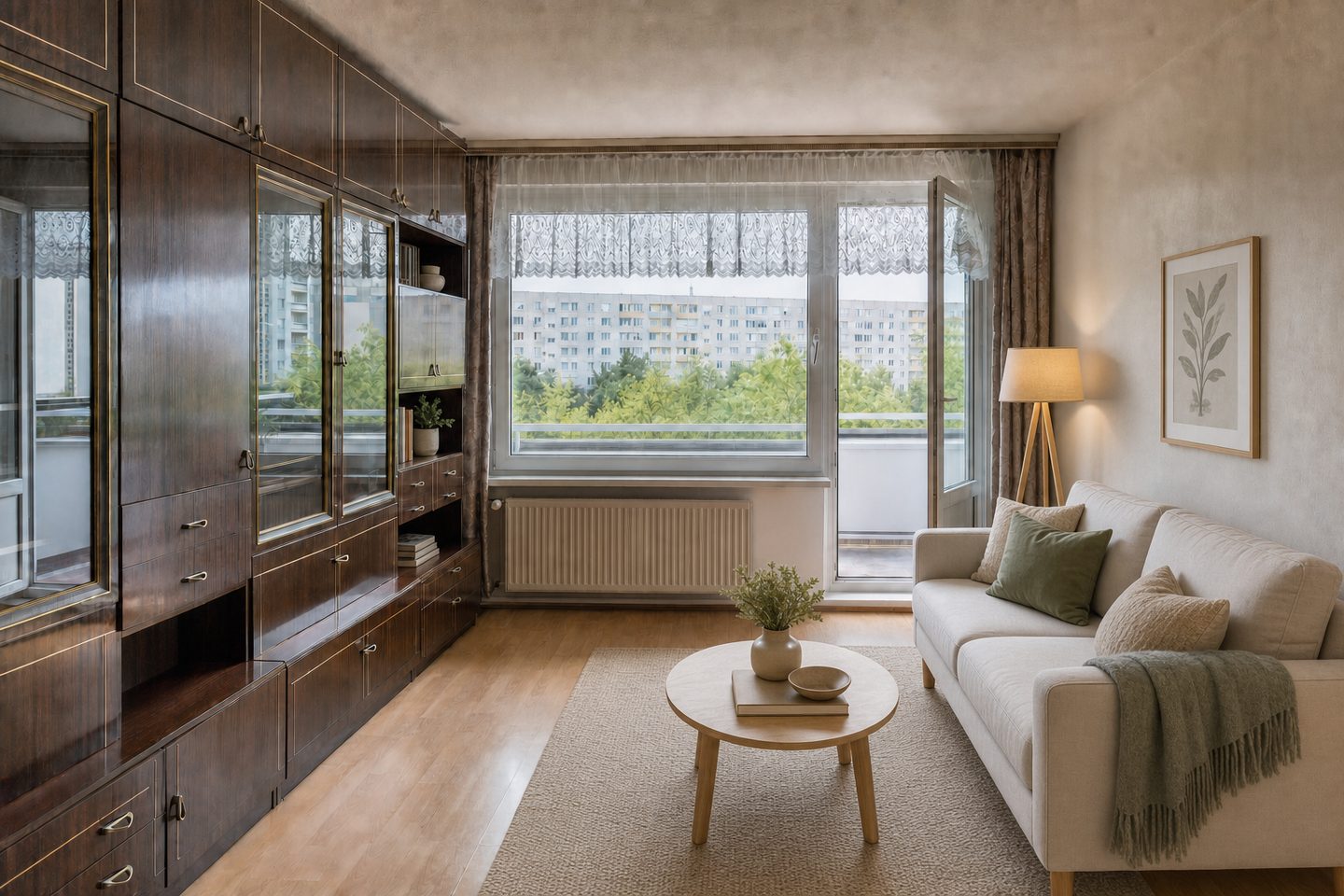 Plattenbau-Wohnzimmer mit Loggia, Gorbitz — Eingerichtet