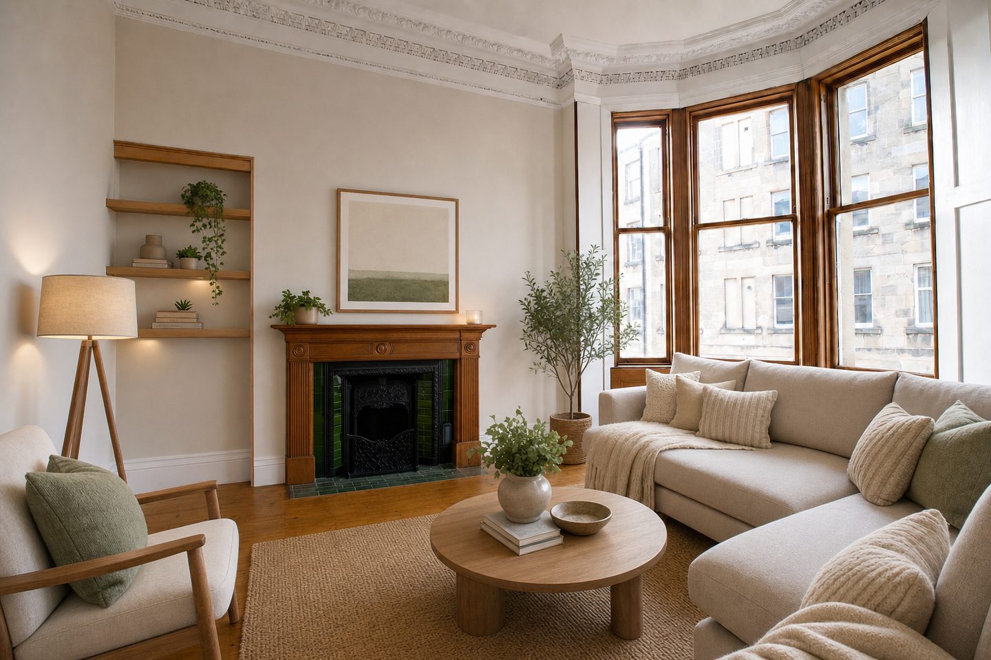 Stone tenement living room, Leith — Staged