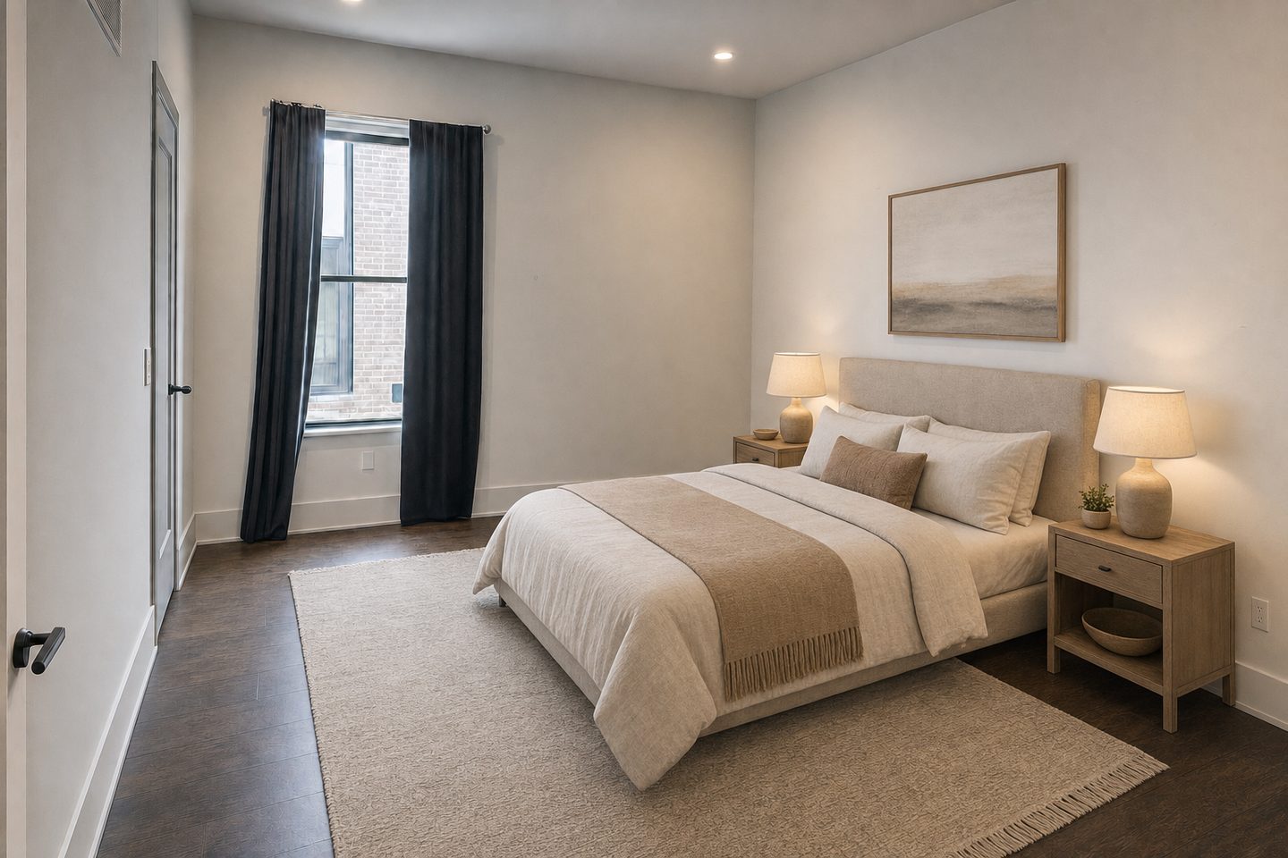 Townhome primary bedroom, EaDo — Staged