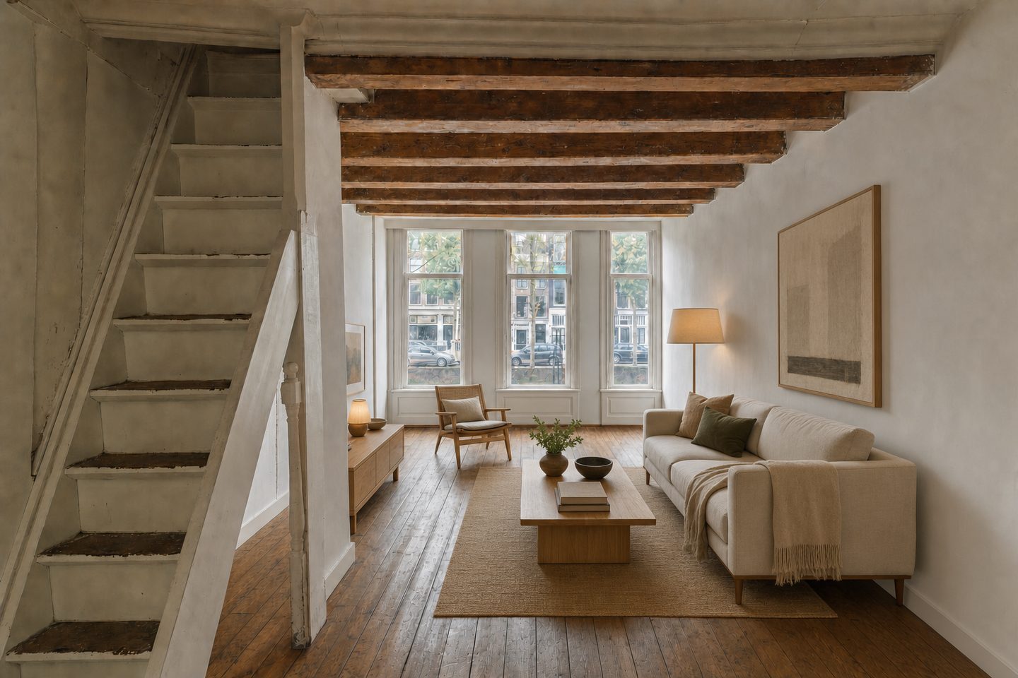 Woonkamer in een smal grachtenpandje, Bloemgracht — Gestyled