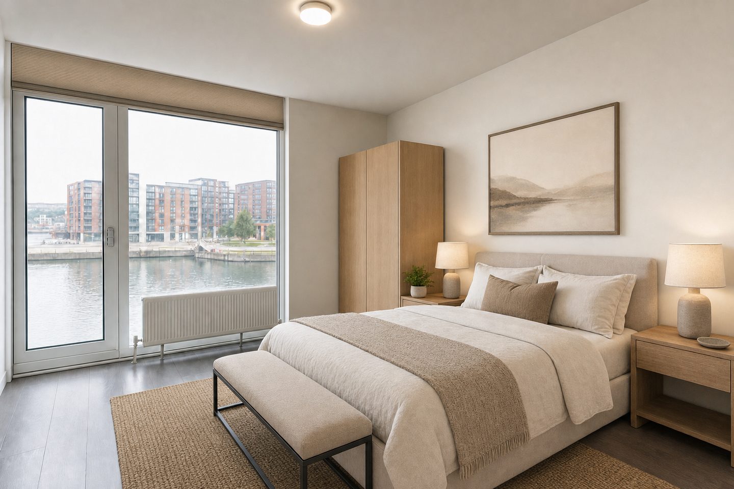 Waterside flat bedroom, Leeds Dock — Staged
