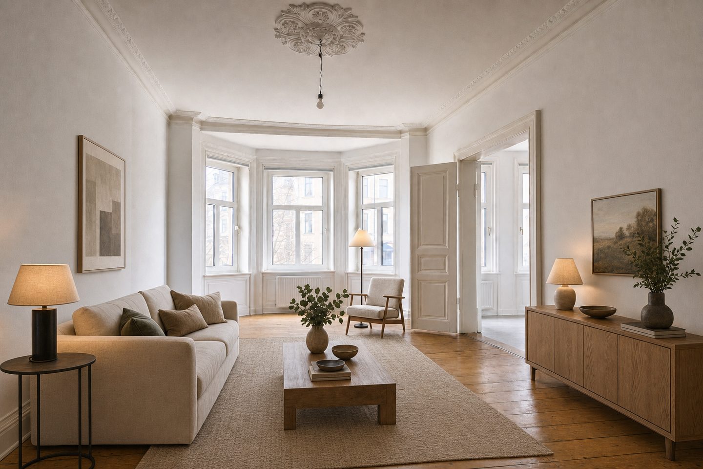 Wohnzimmer mit Erker, Schleußig — Eingerichtet