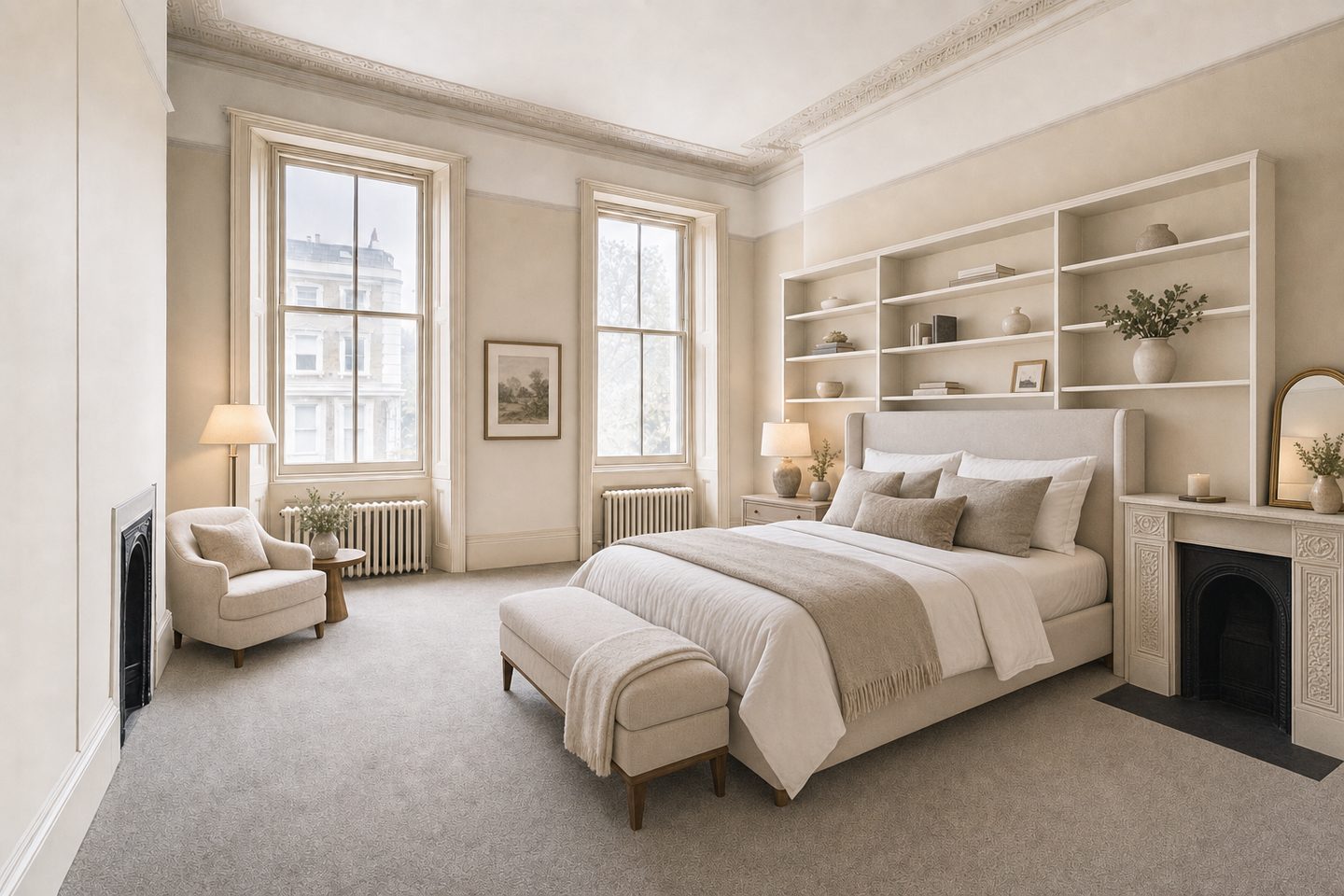 Mansion flat bedroom, west London — Staged