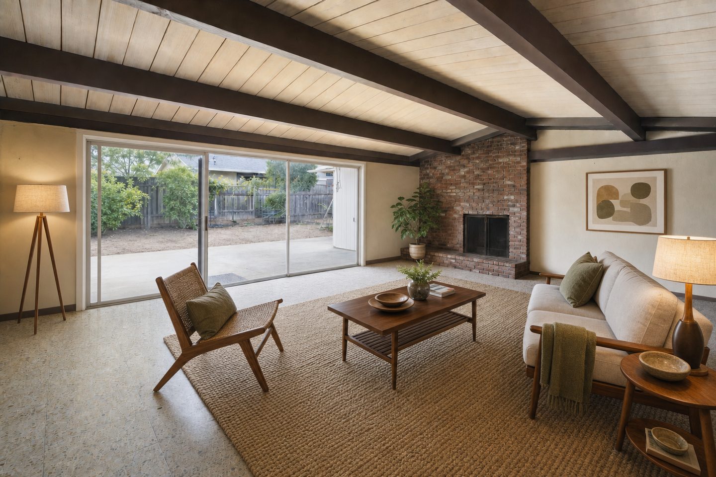 Post-and-beam ranch family room, Clairemont — Staged