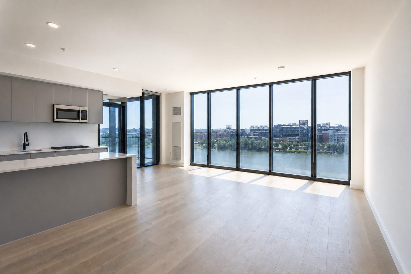 New-build condo living room, Navy Yard — Decluttered