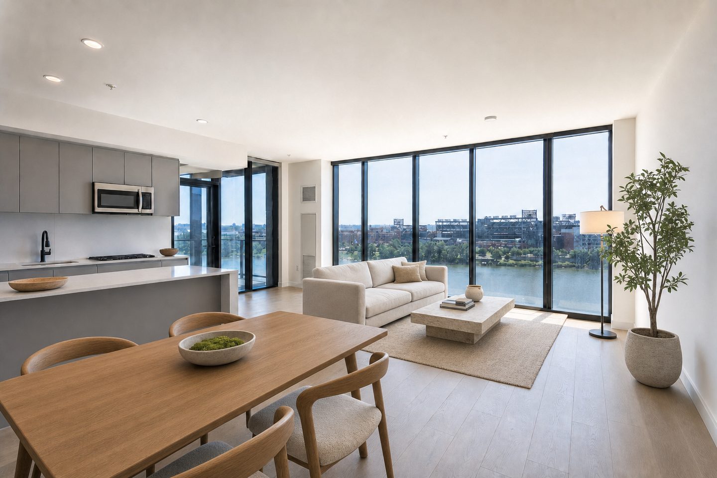 New-build condo living room, Navy Yard — Staged