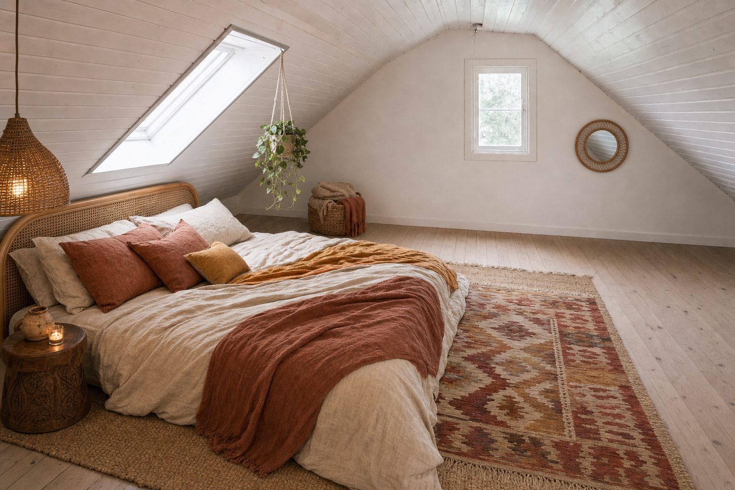 An attic bedroom with a skylight — In this style