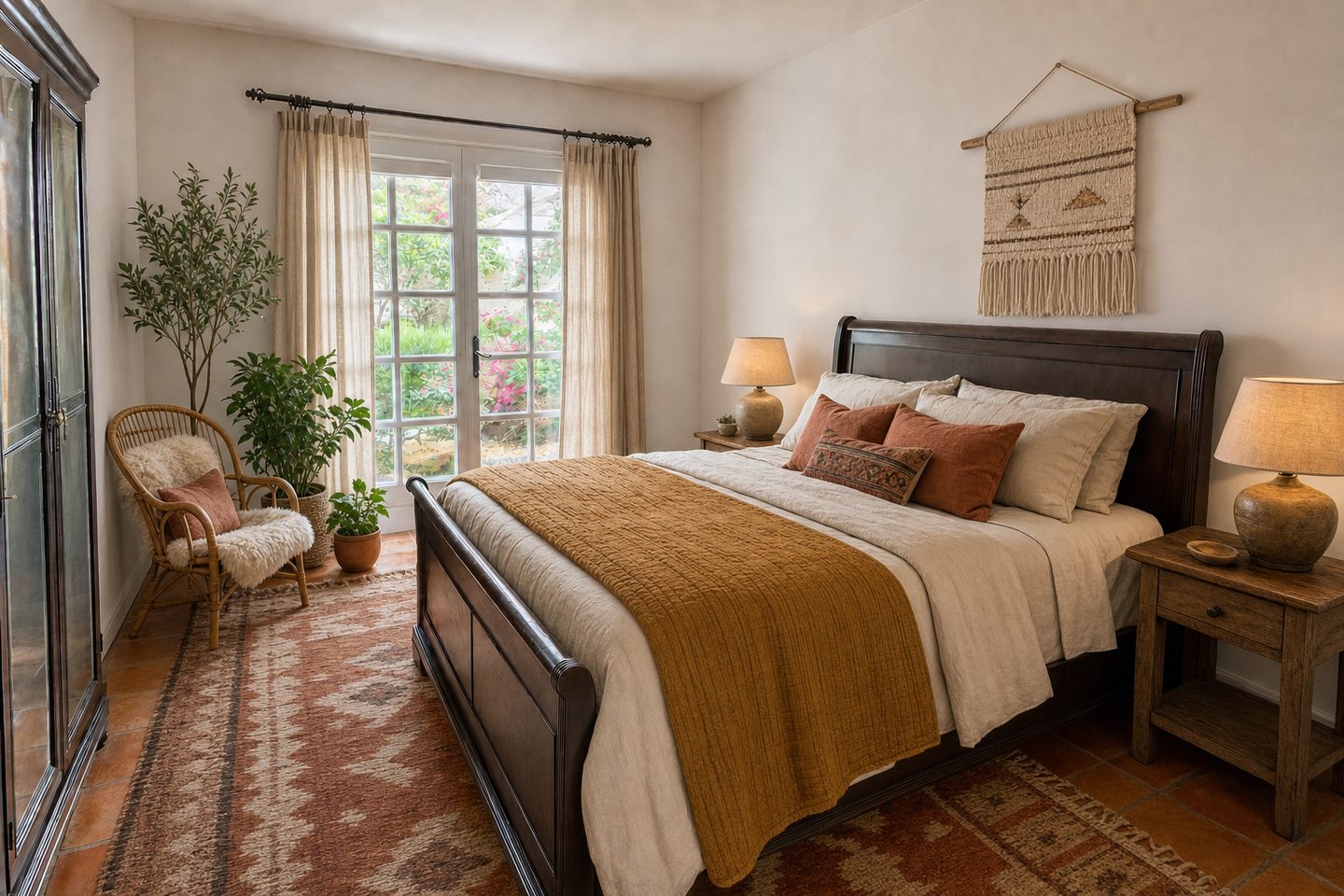 A garden bedroom with French doors — In this style
