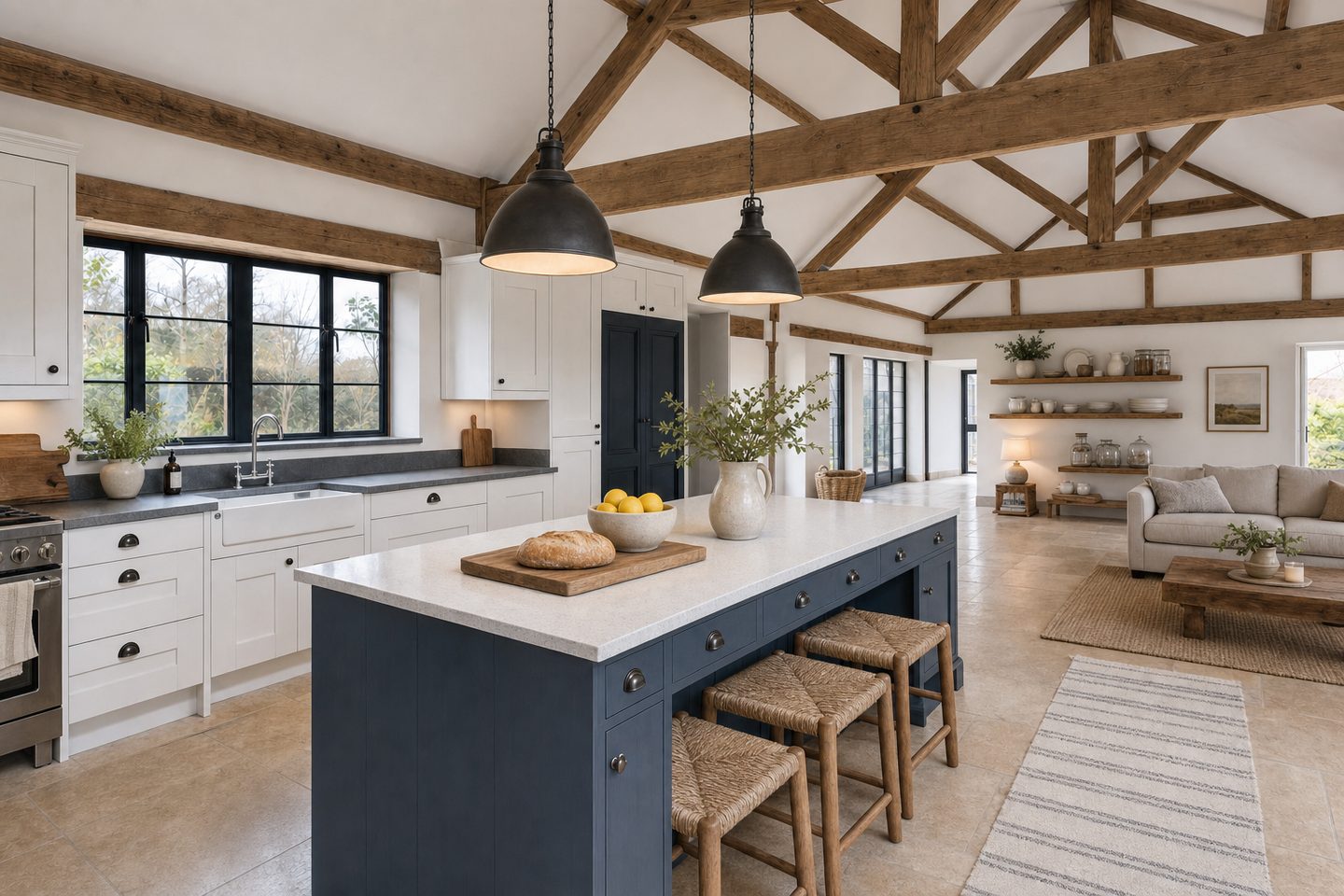 Un grand espace ouvert façon grange, avec un grand îlot — Dans ce style