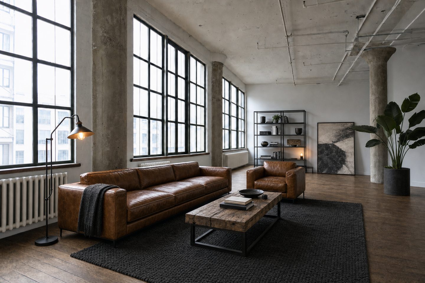 Eine umgebaute Fabriketage mit Säulen — In diesem Stil