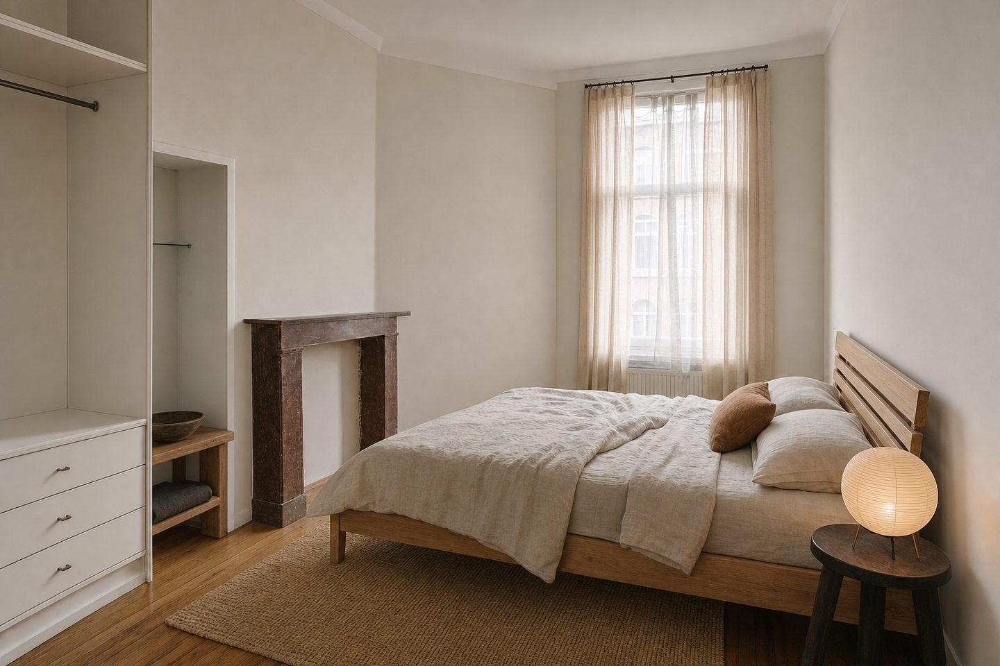 A compact city bedroom with an alcove — In this style
