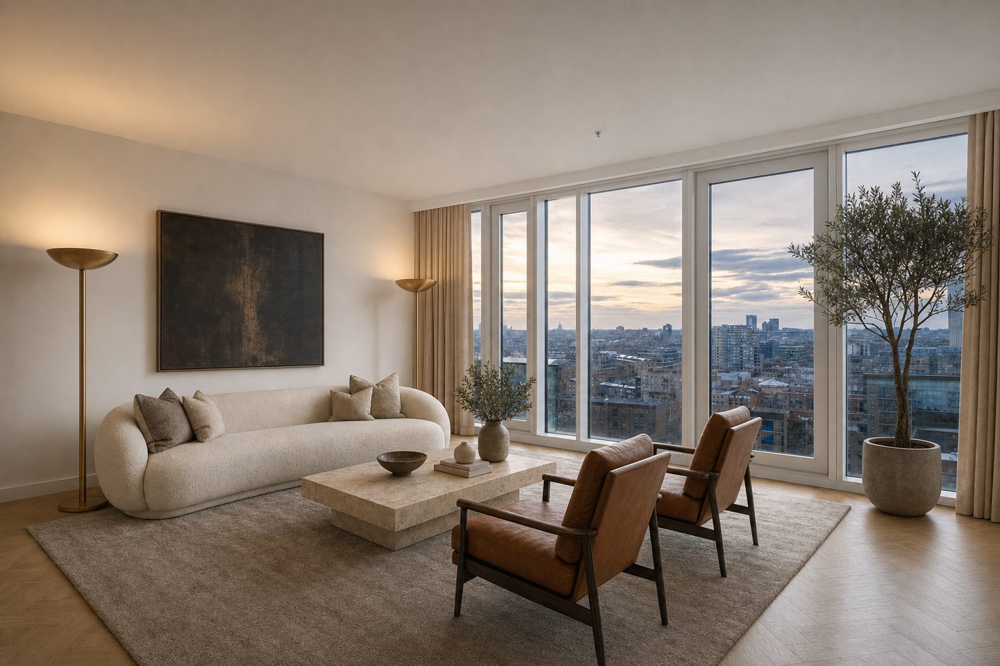 Ein Penthouse über der Stadt in der Dämmerung — In diesem Stil
