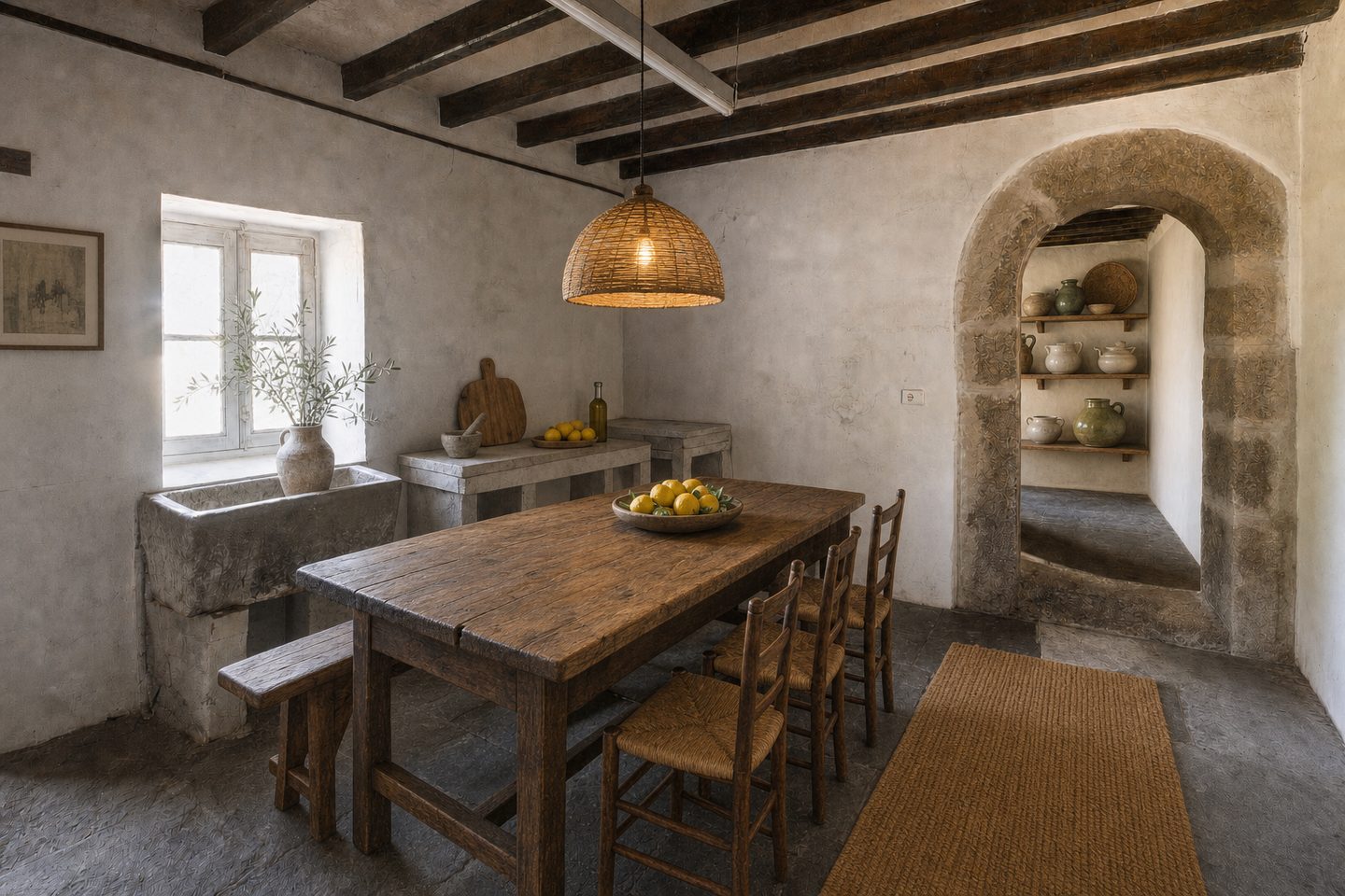 A farmhouse kitchen with a stone arch — In this style
