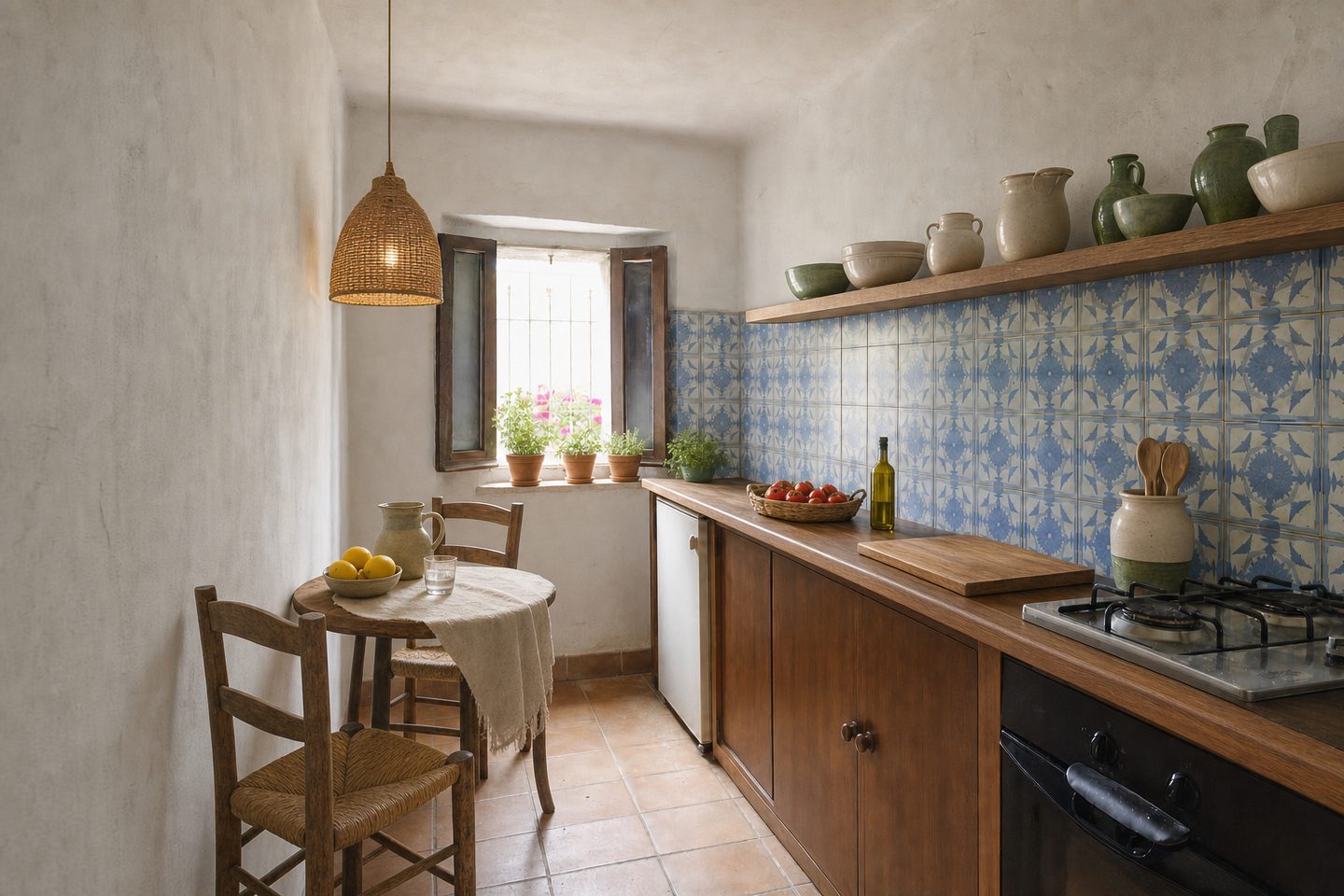 A compact village kitchen with blue tiles — In this style