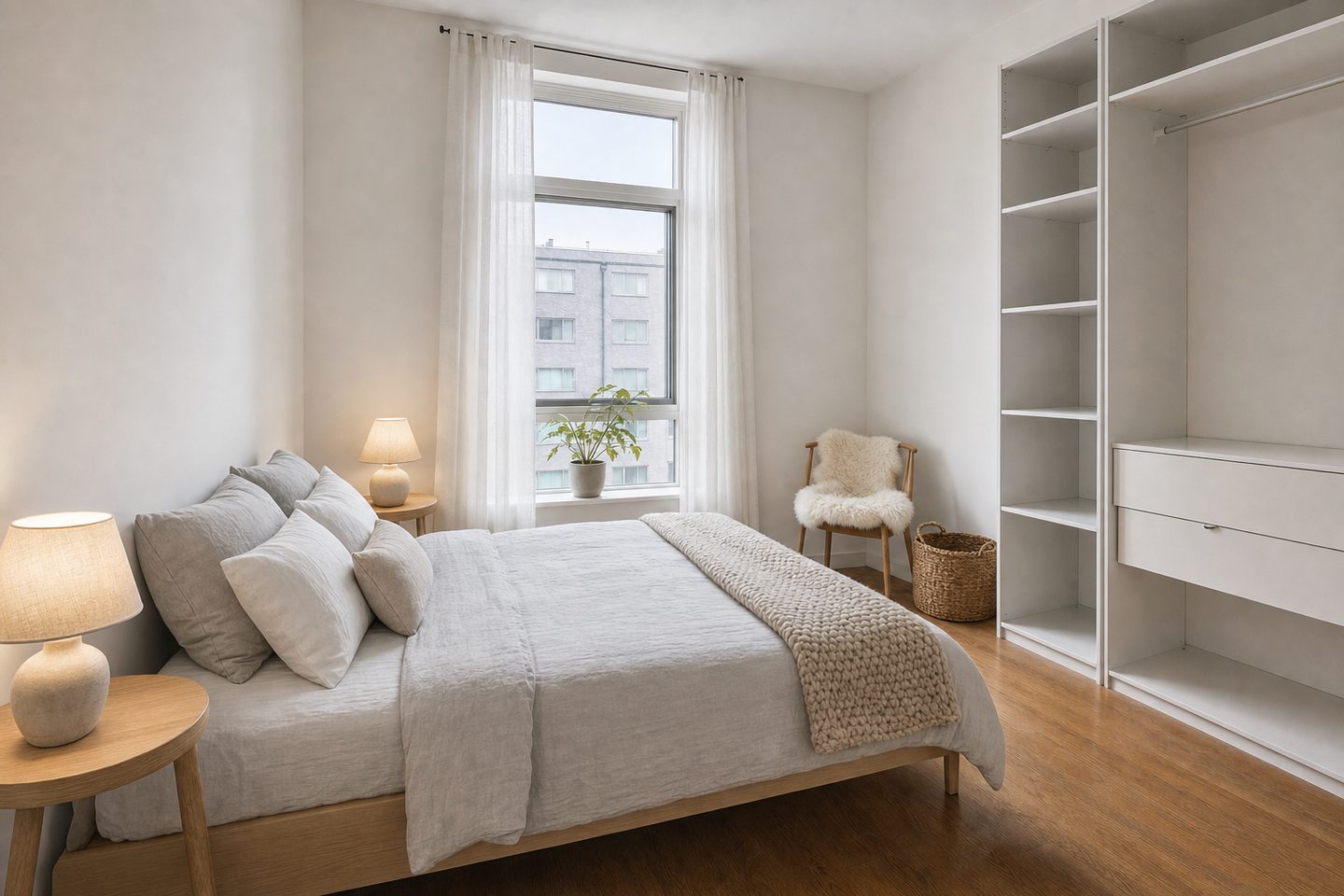 Un dormitorio de piso en la ciudad con una ventana alta — En este estilo