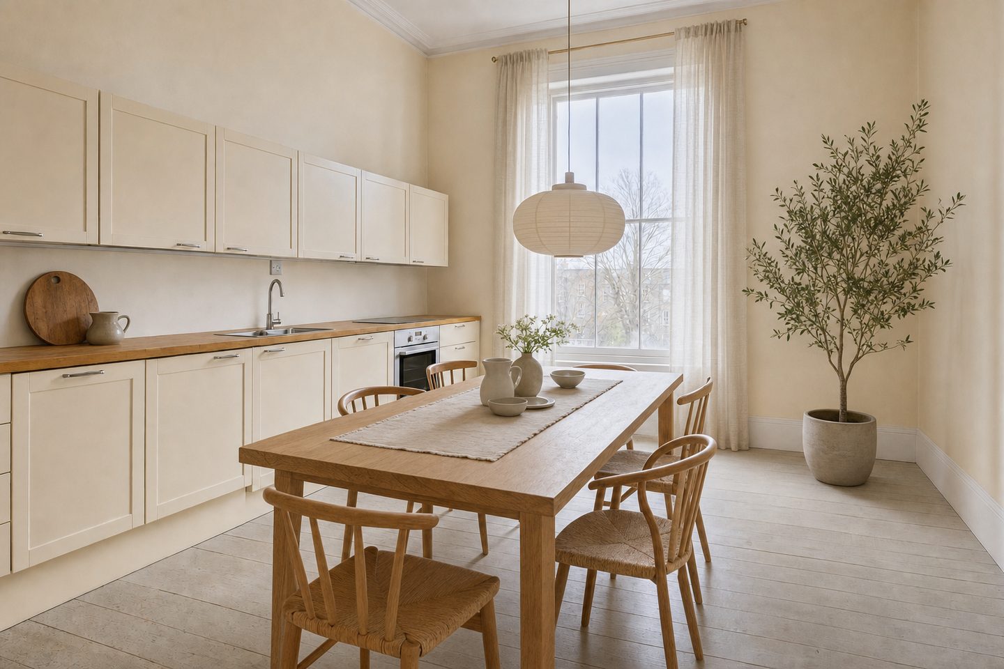 A tall old kitchen with room for a table — In this style