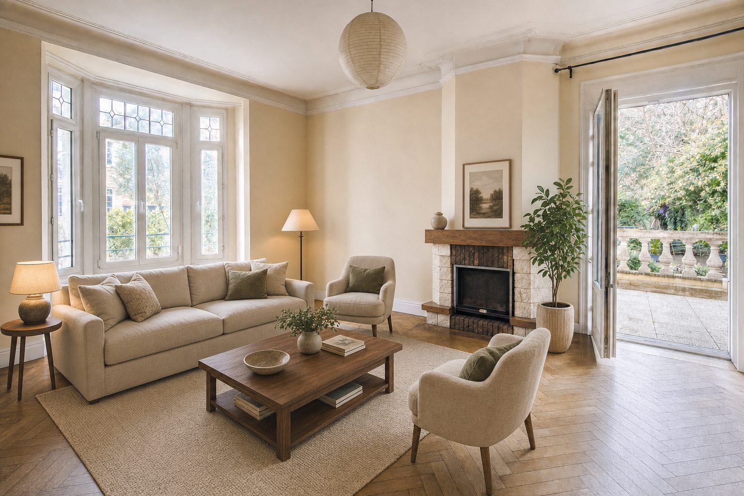 Séjour d'une maison familiale des années 30, bow-window à vitraux et parquet en chevrons — Mis en scène