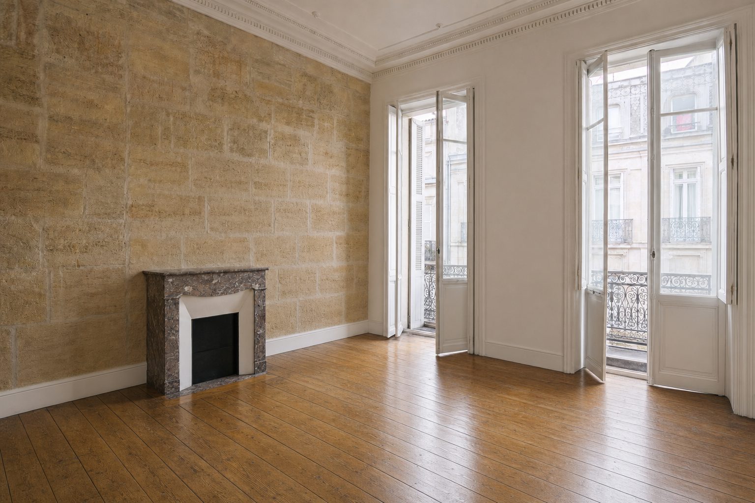 Séjour en pierre blonde avec mur de pierre apparente et cheminée de marbre — Désencombré