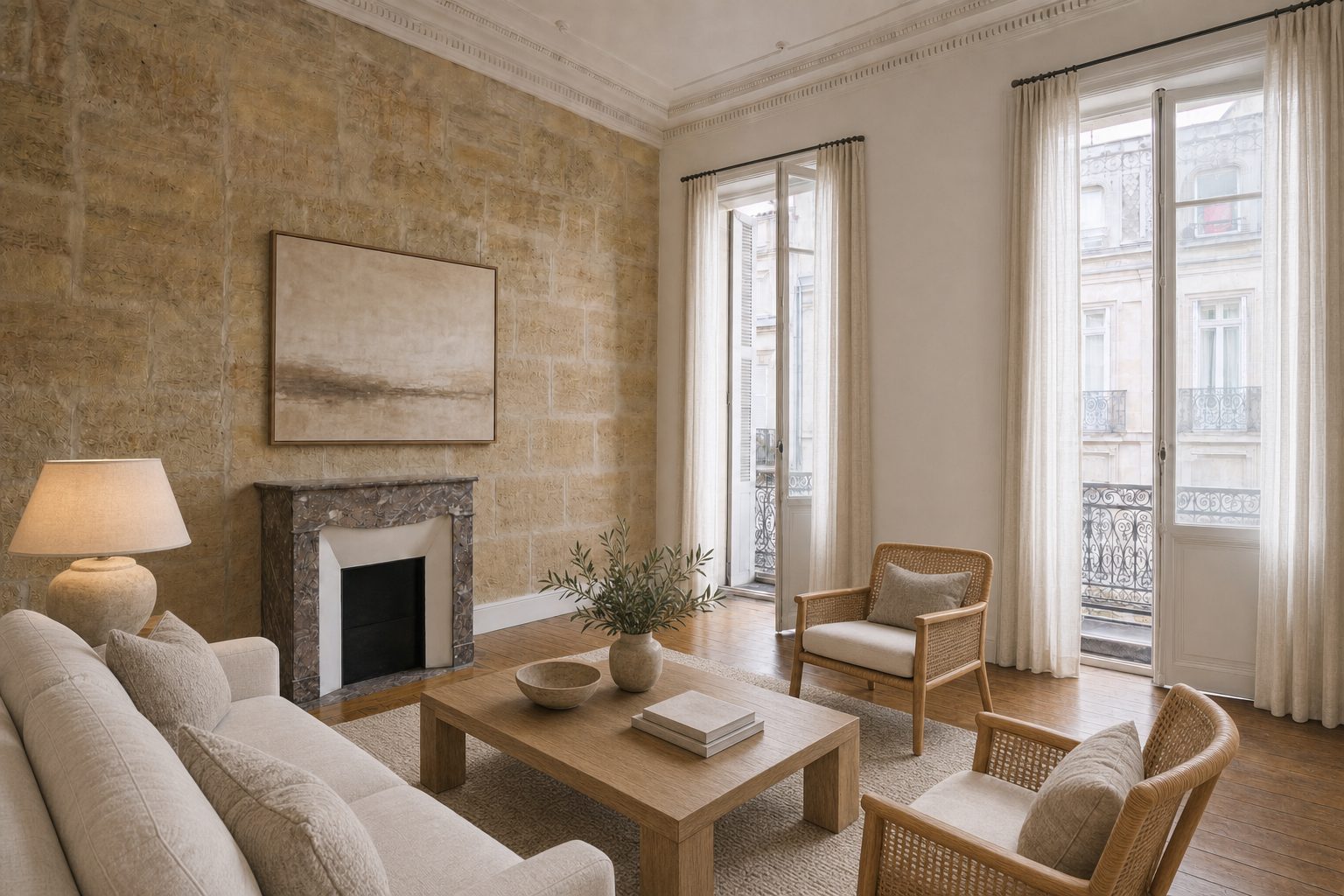 Séjour en pierre blonde avec mur de pierre apparente et cheminée de marbre — Mis en scène