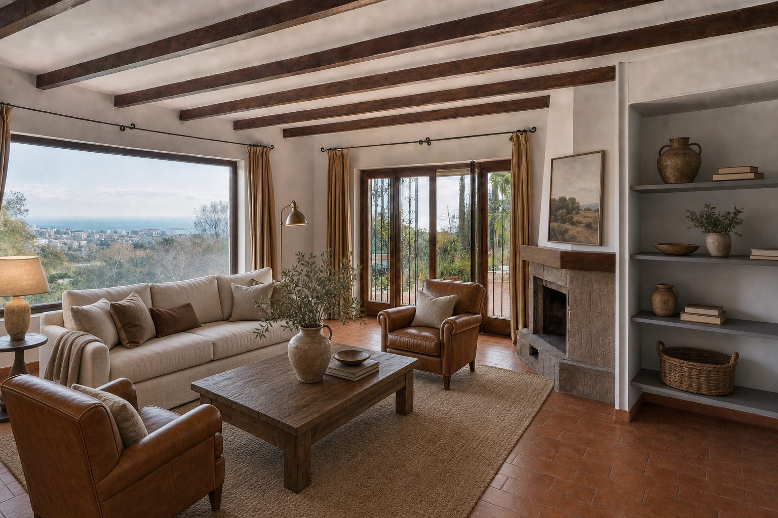 Salón de chalet con vigas, chimenea de piedra y vistas lejanas al mar — Ambientado