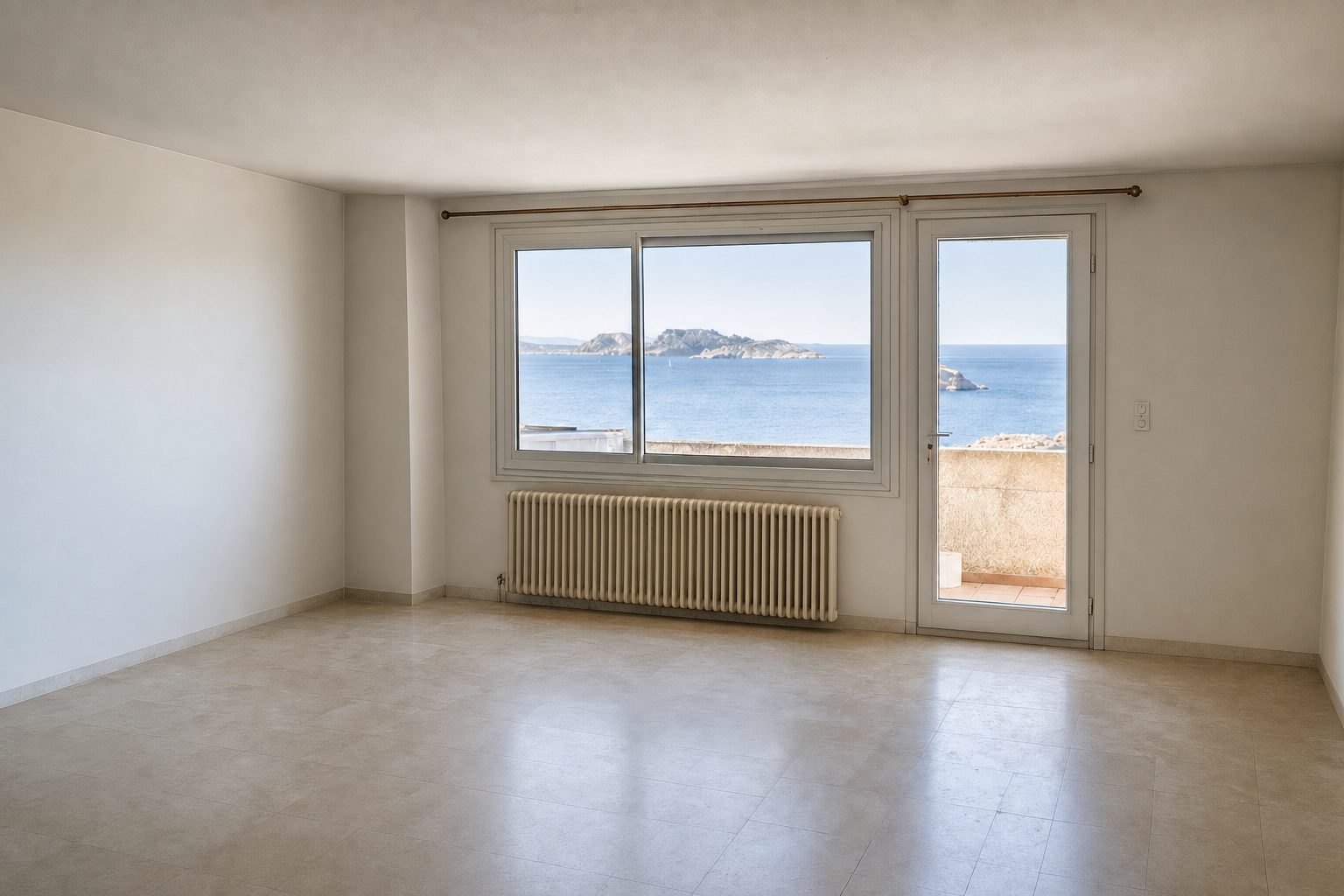 Séjour ouvert sur une petite terrasse, vue directe sur la mer et les îles du Frioul — Désencombré