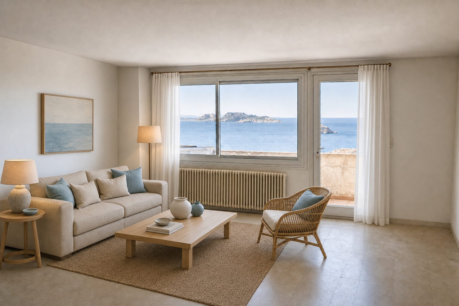 Séjour ouvert sur une petite terrasse, vue directe sur la mer et les îles du Frioul — Mis en scène