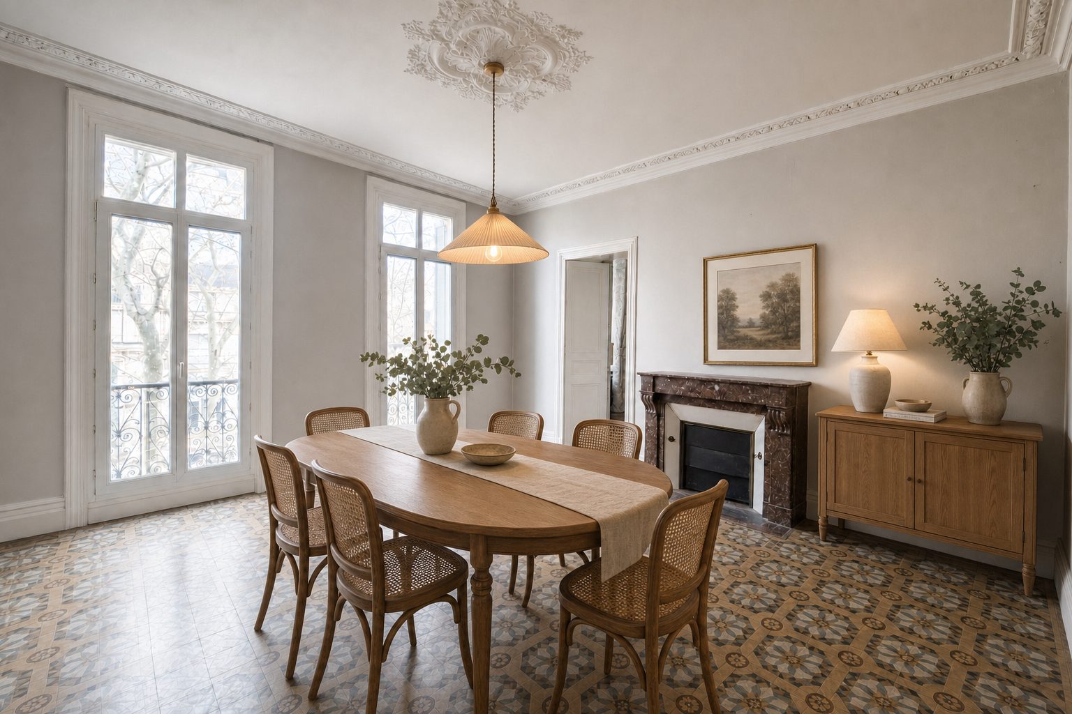 Salle à manger bourgeoise à carreaux de ciment et rosace, près du palais Longchamp — Mis en scène