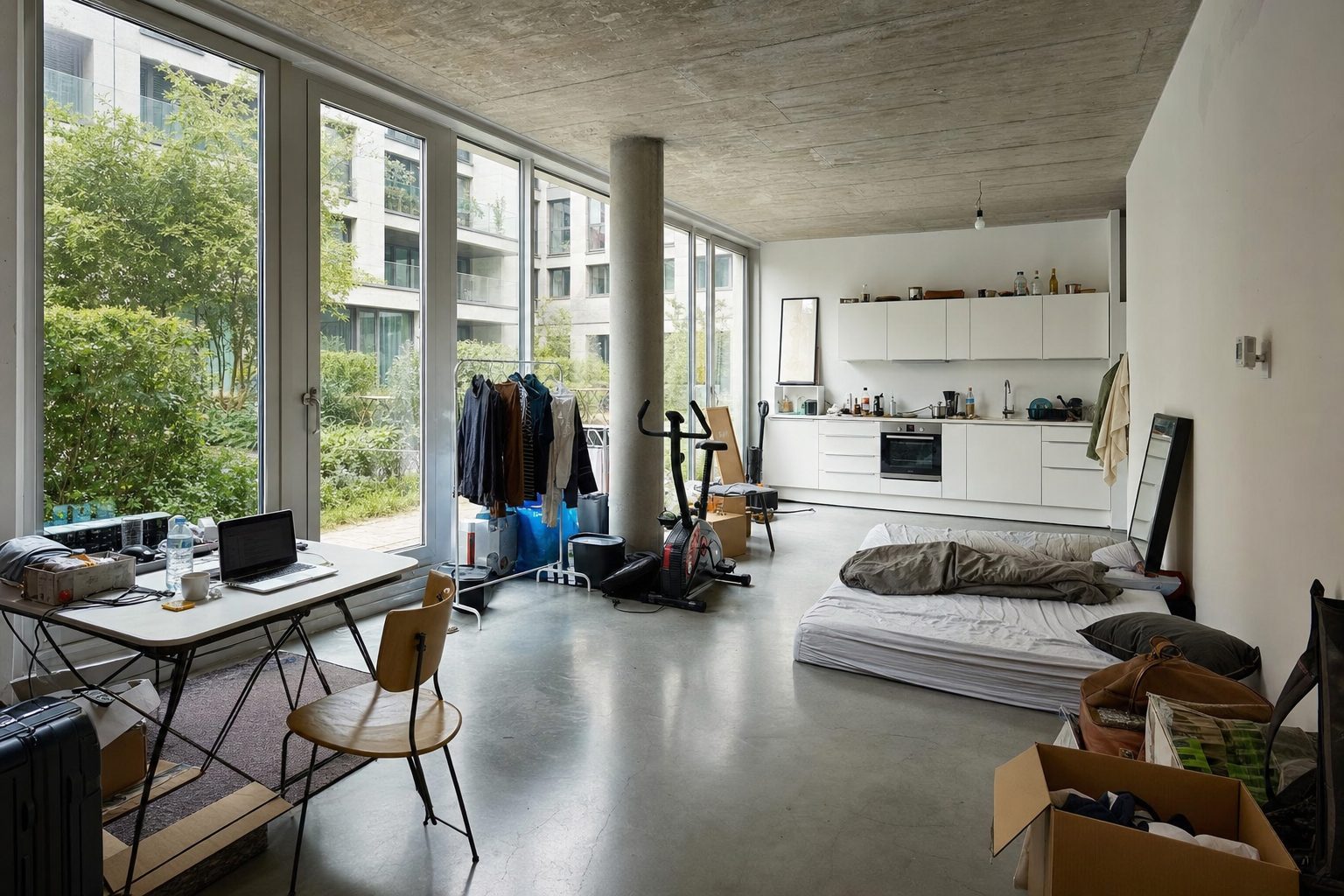 Offener Wohnbereich in einem Neubau mit Betonboden und Glasfront zum Innenhof — Original