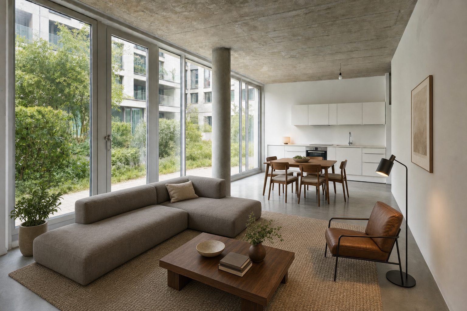 Offener Wohnbereich in einem Neubau mit Betonboden und Glasfront zum Innenhof — Eingerichtet