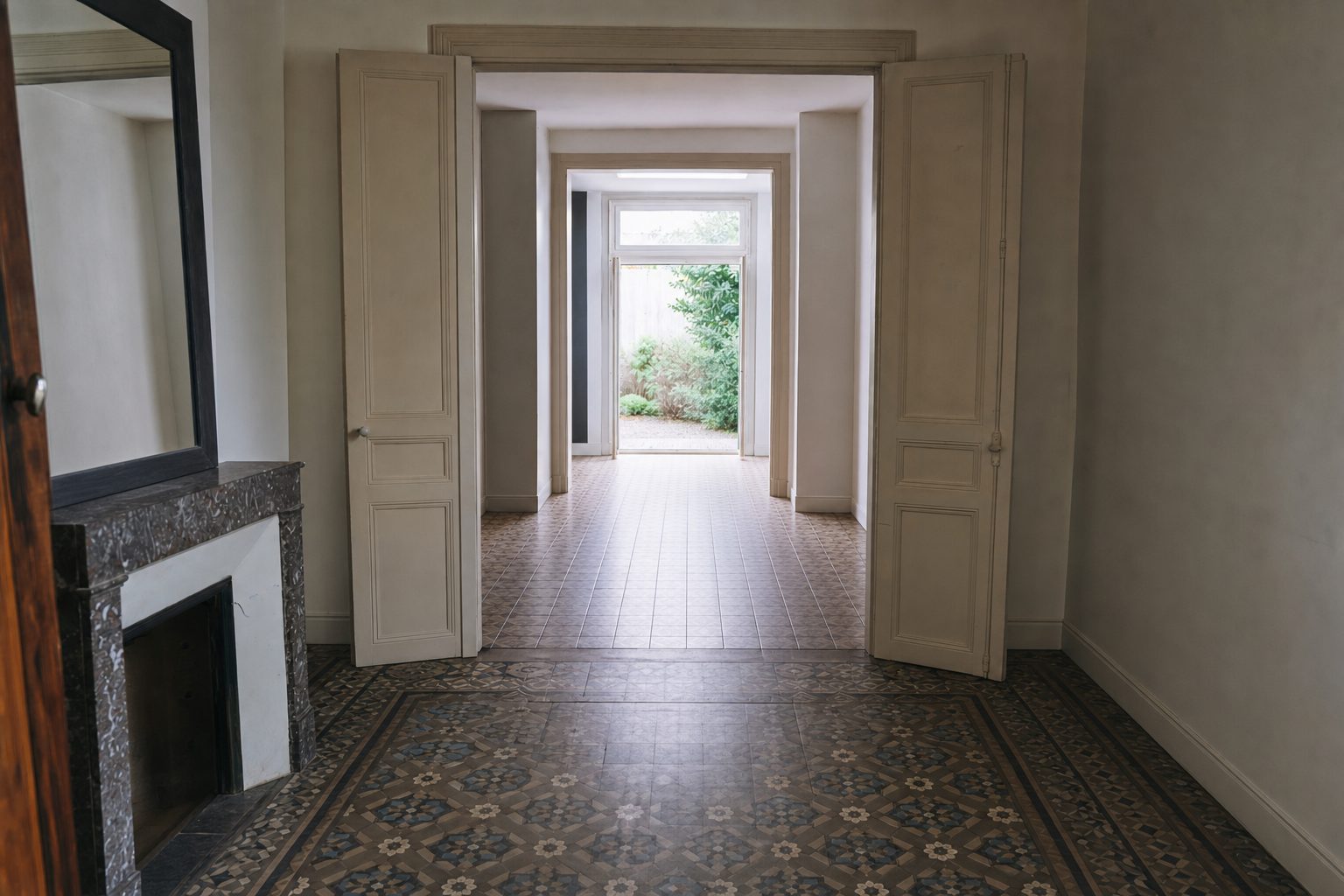 Enfilade d'échoppe ouverte au fond sur un petit jardin clos — Désencombré