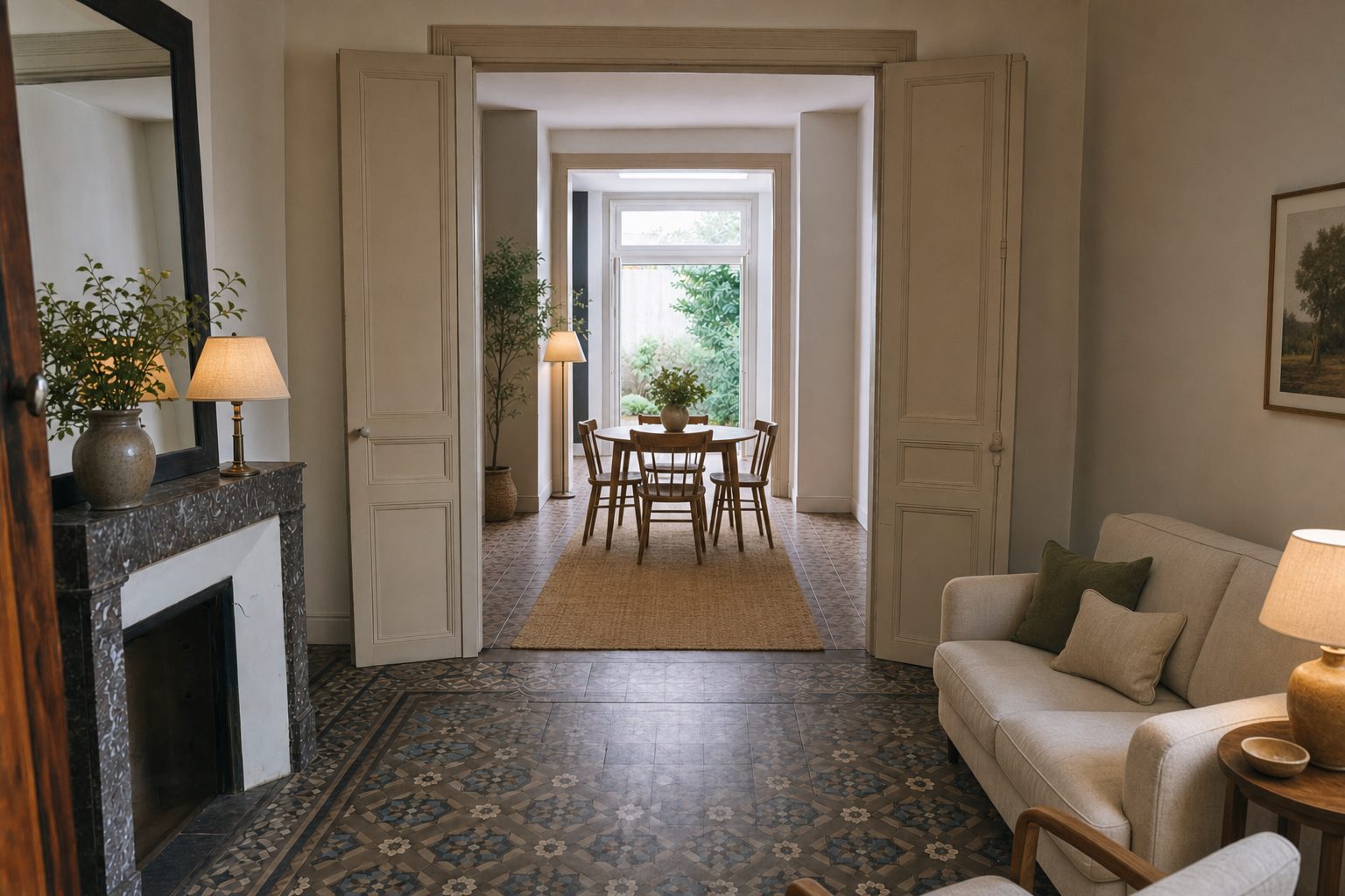 Enfilade d'échoppe ouverte au fond sur un petit jardin clos — Mis en scène