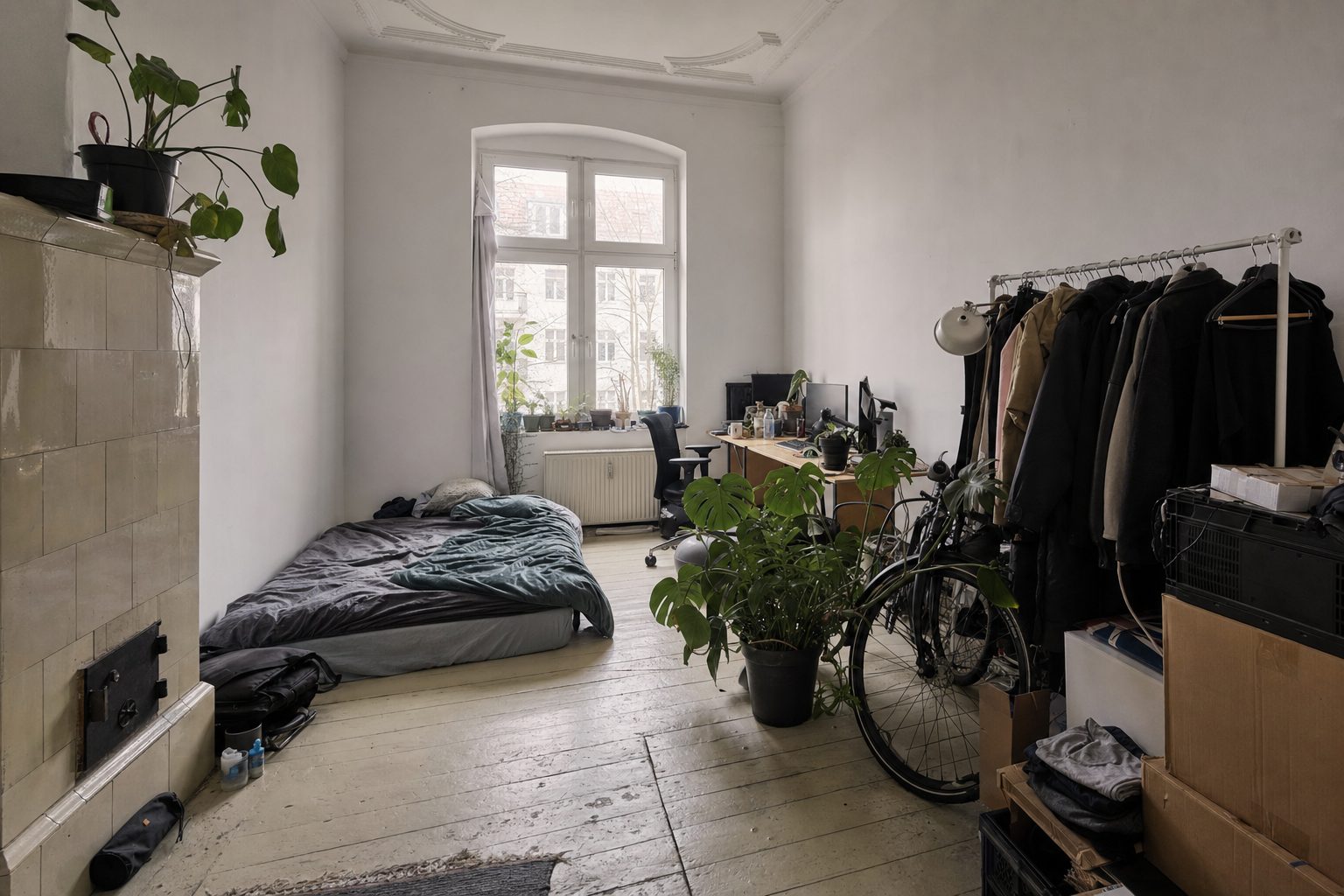 Altbau-Wohnzimmer mit Kachelofen und Hofblick nahe Weserstraße — Original