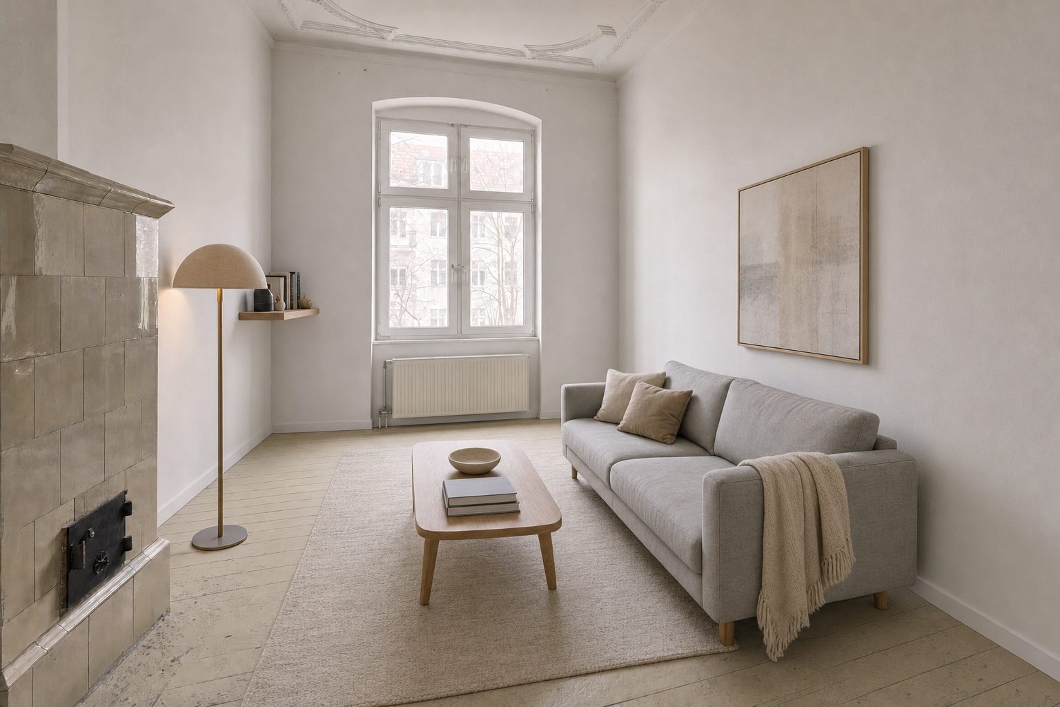 Altbau-Wohnzimmer mit Kachelofen und Hofblick nahe Weserstraße — Eingerichtet