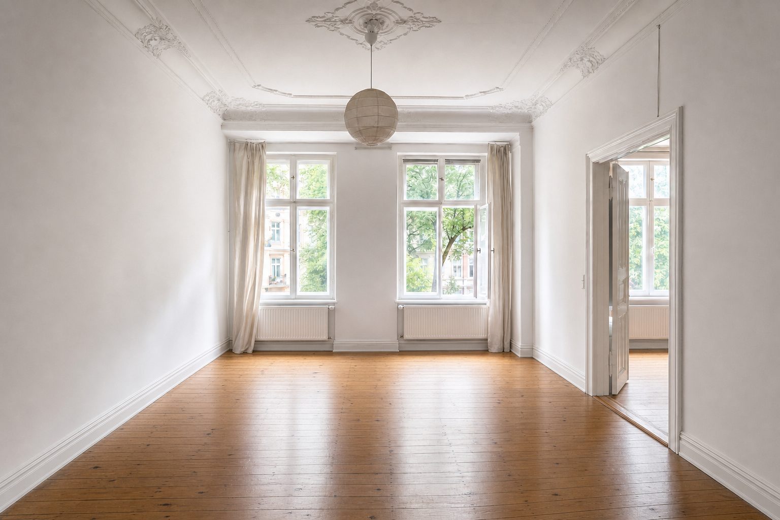 Saniertes Altbau-Wohnzimmer mit Stuck nahe Florakiez — Entrümpelt