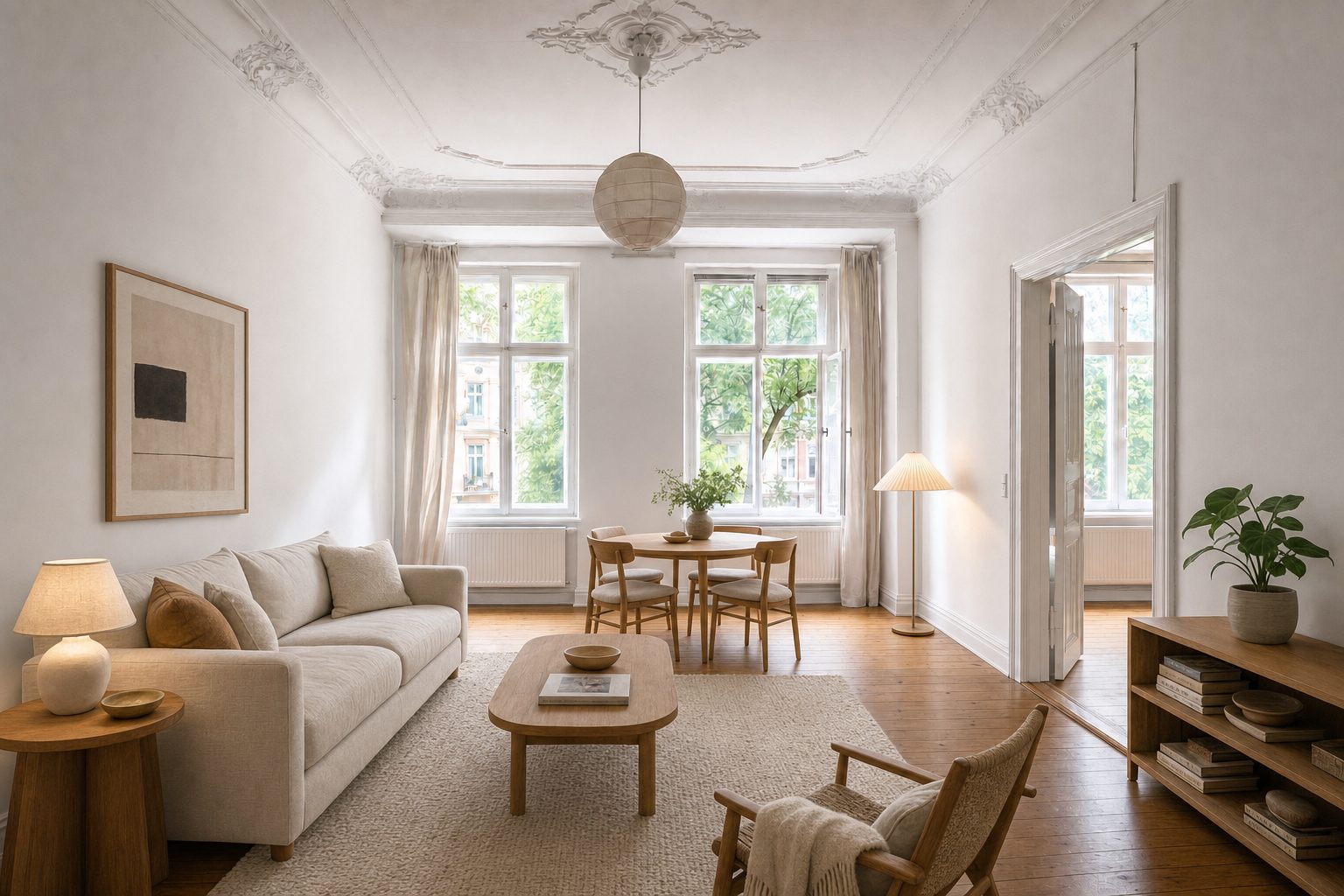 Saniertes Altbau-Wohnzimmer mit Stuck nahe Florakiez — Eingerichtet