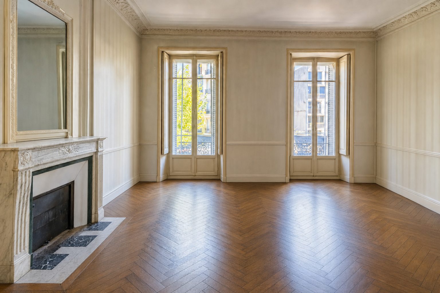 Séjour haussmannien à moulures et cheminée de marbre, avenue du Prado — Désencombré