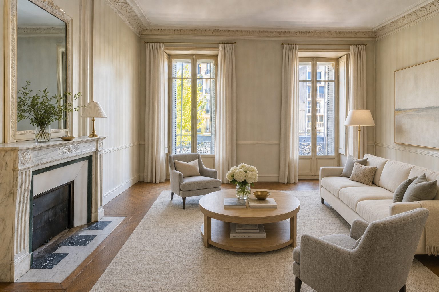 Séjour haussmannien à moulures et cheminée de marbre, avenue du Prado — Mis en scène