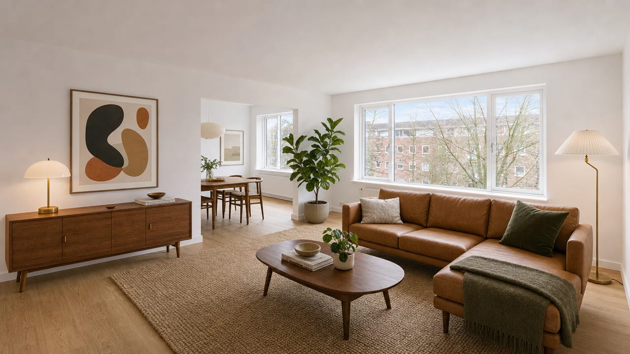 Before and after of a sparse room virtually staged with AI furniture and decor (After)