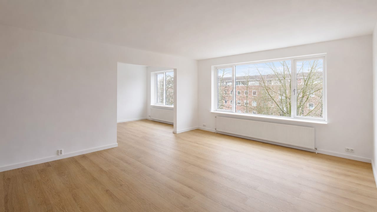 Before and after of a sparse room virtually staged with AI furniture and decor (Before)