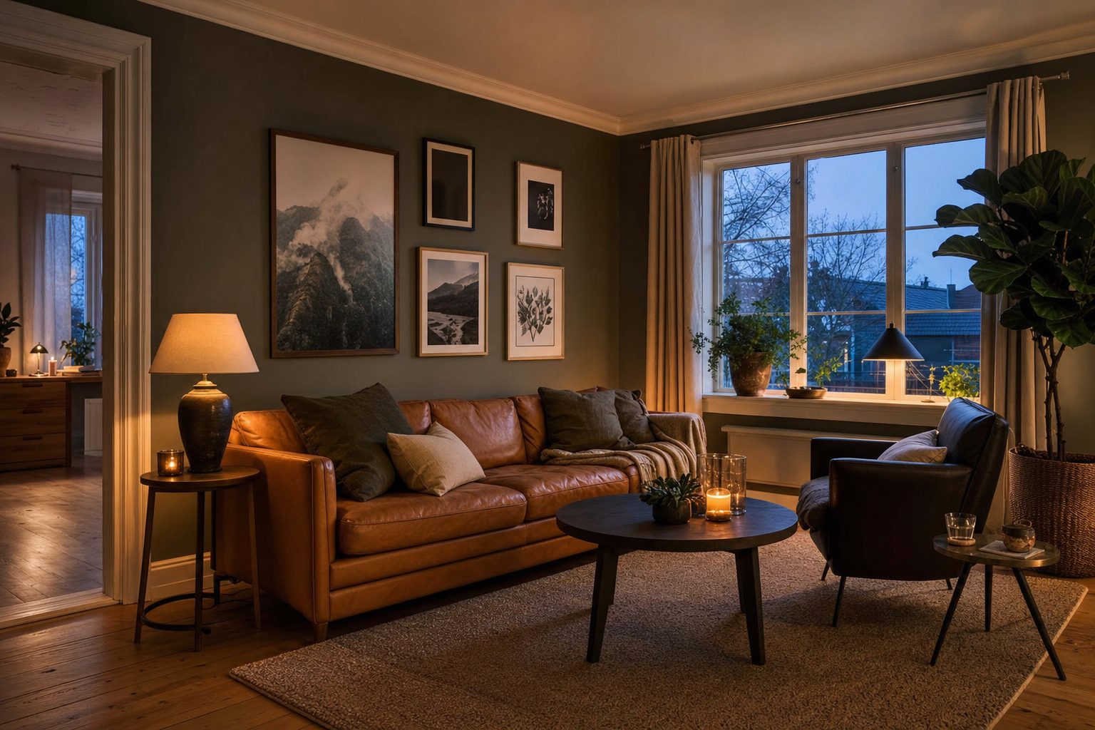 Living room listing photo virtually staged with AI in a warm modern style