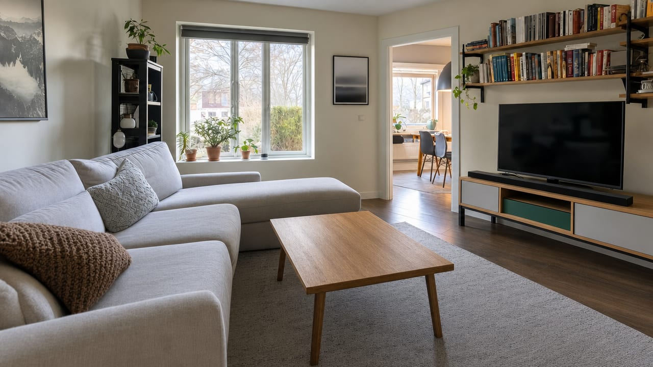Before and after of a lived-in living room digitally decluttered with AI (After)
