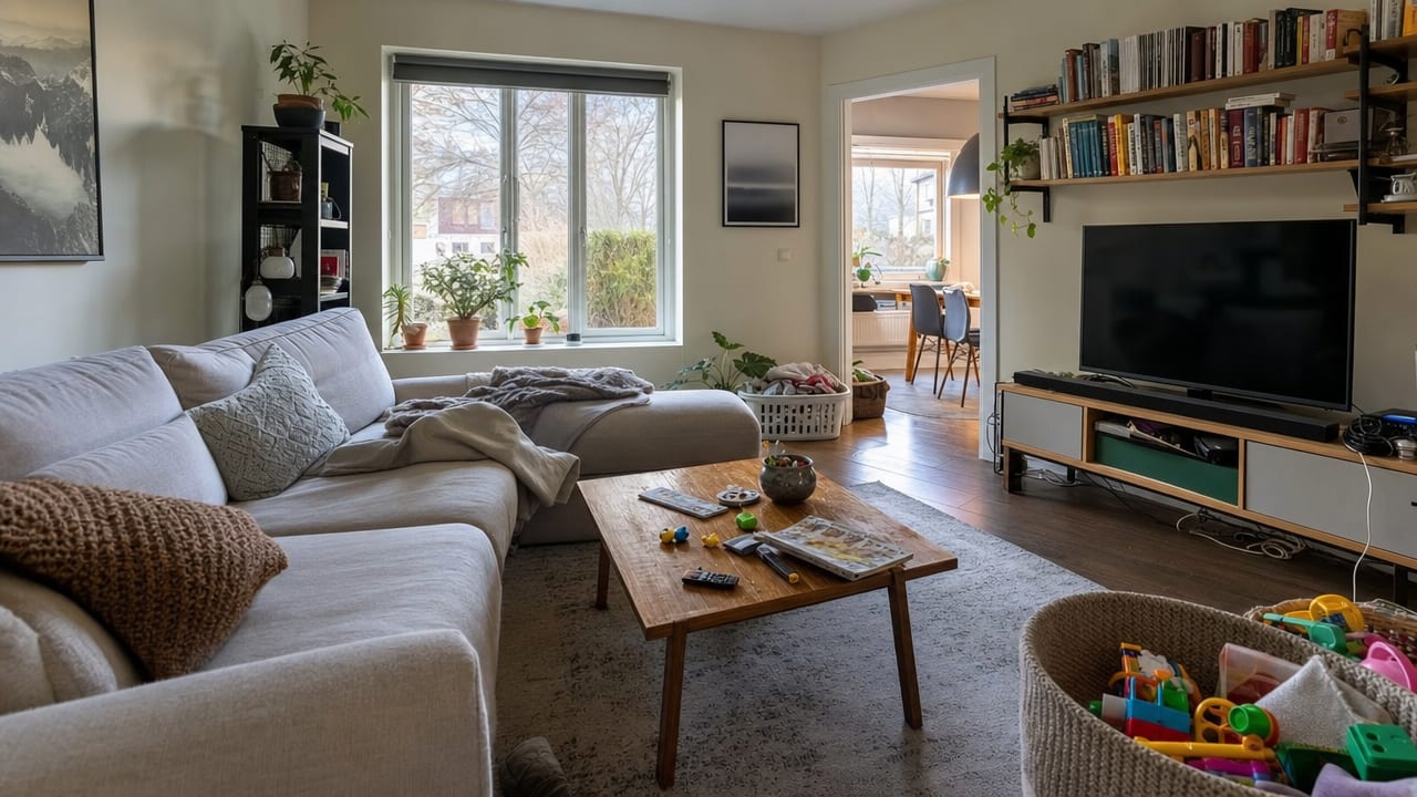 Before and after of a lived-in living room digitally decluttered with AI (Before)