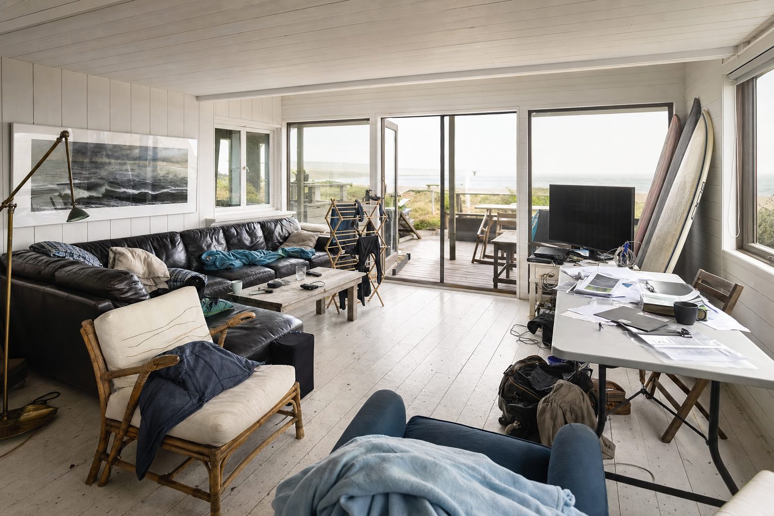 Ein Strandhaus mit vertäfelten Wänden und Terrasse — Original