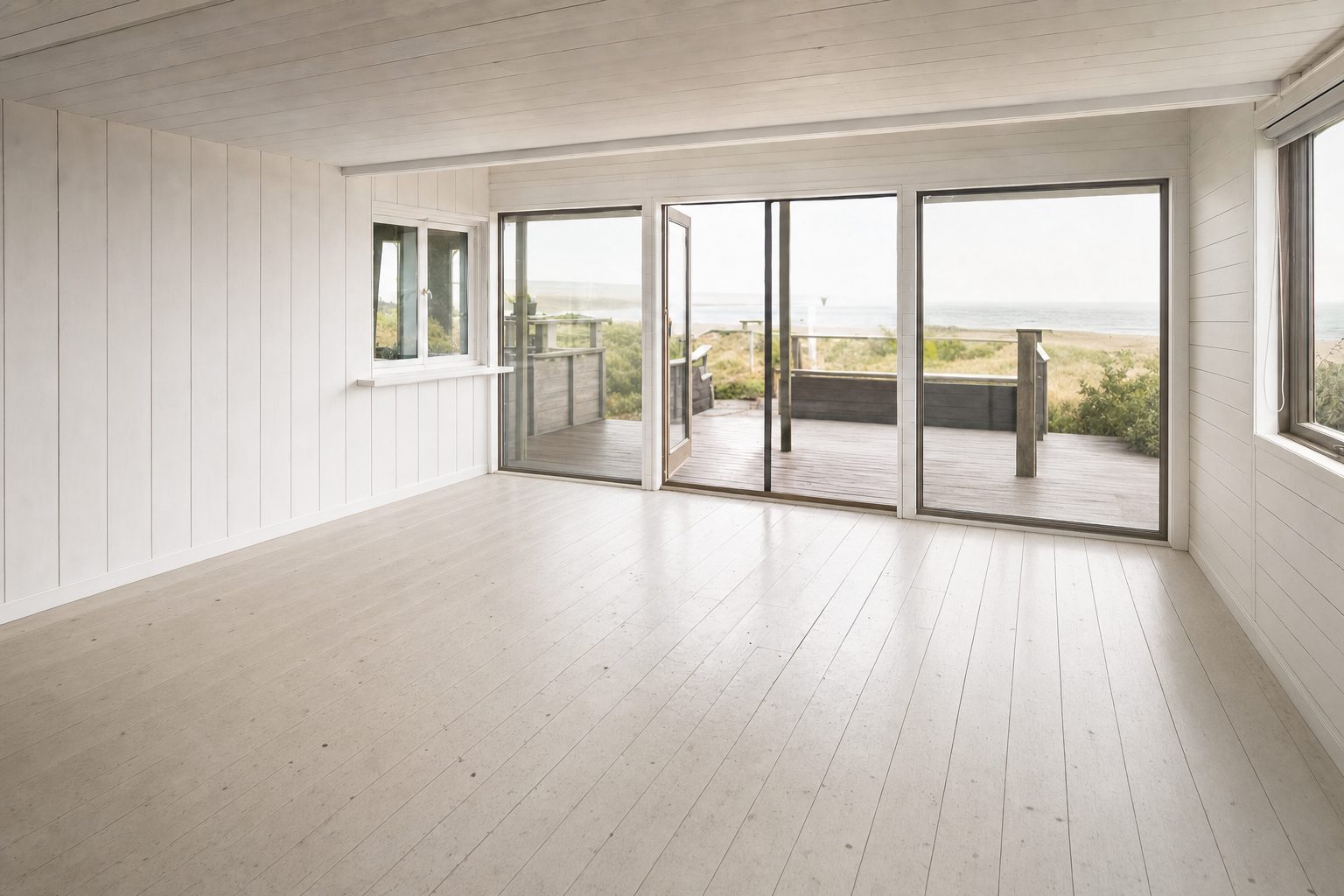 Ein Strandhaus mit vertäfelten Wänden und Terrasse — Entrümpelt