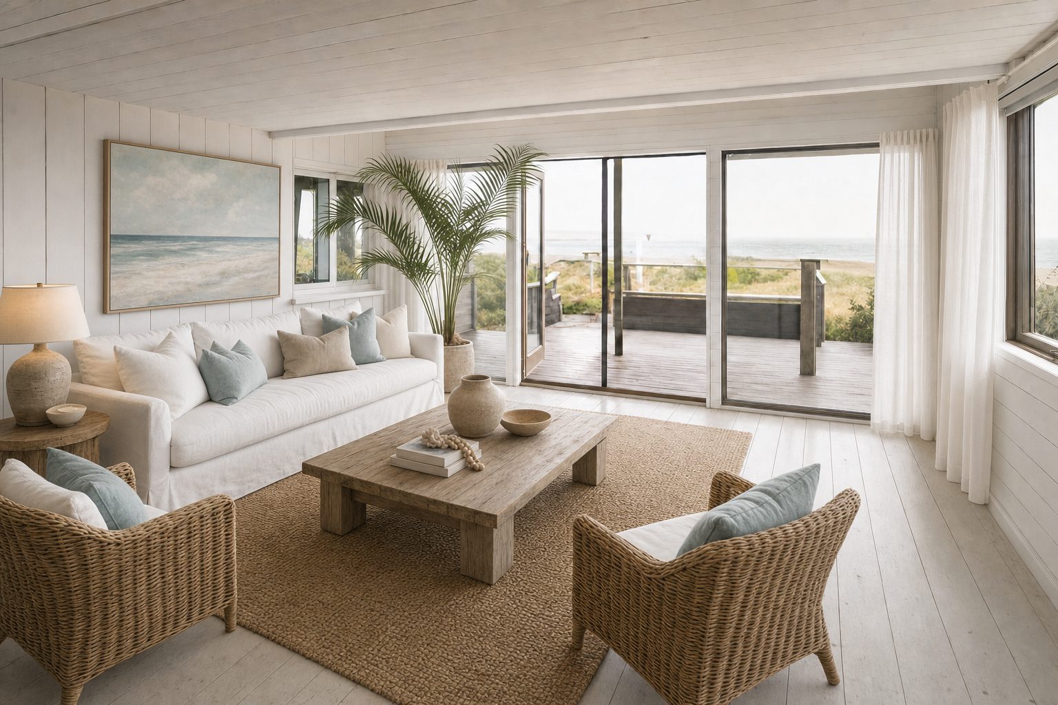Ein Strandhaus mit vertäfelten Wänden und Terrasse — In diesem Stil